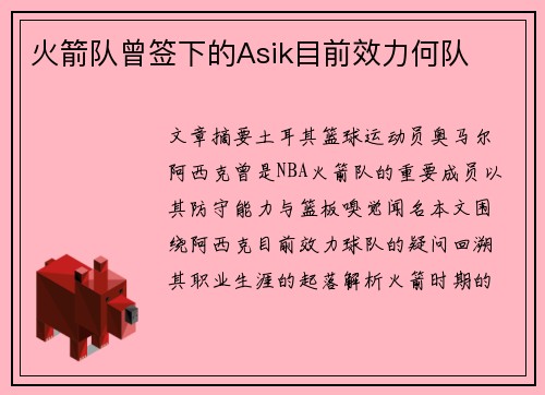 火箭队曾签下的Asik目前效力何队